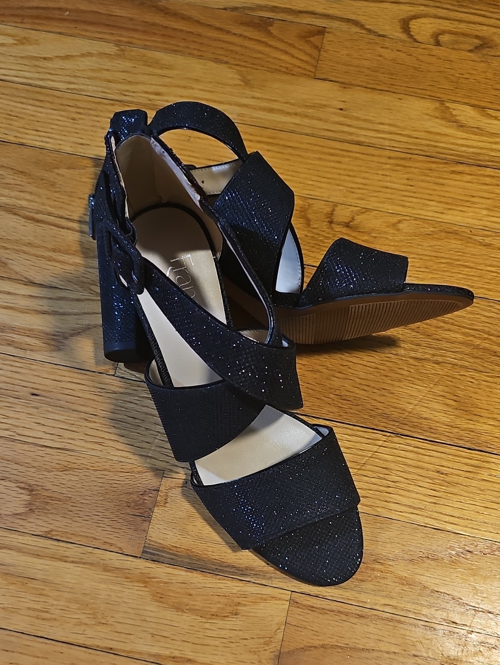 Franco Sarto Black Glitter Crisscross Block Heel Sandals
